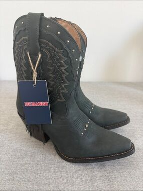 Durango Crush Western Fringed Booties Studded Snip Toe Charcoal Grey/Teal